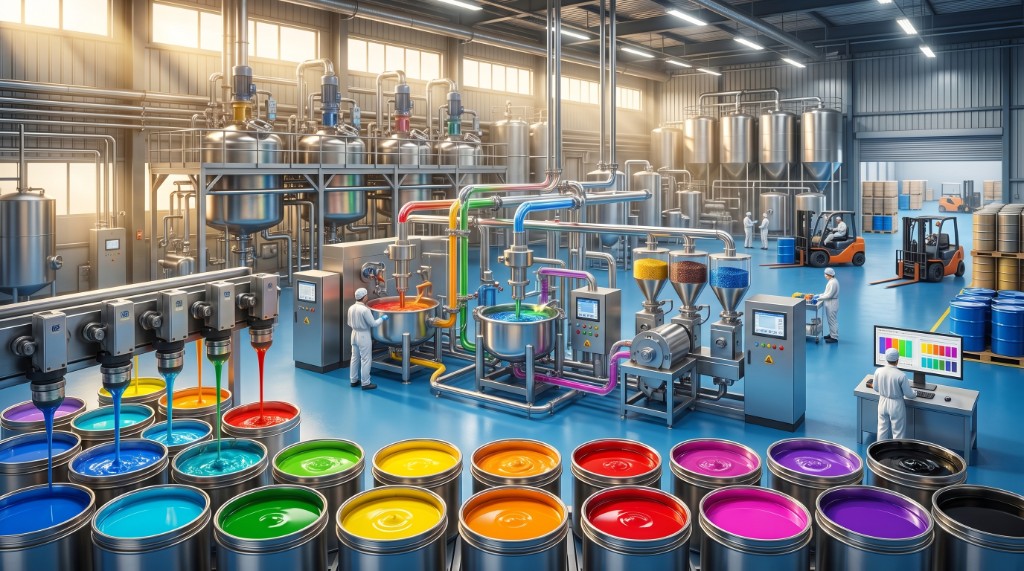 Ashapura Color Chem manufacturing facility with industrial dye processing and color mixing equipment